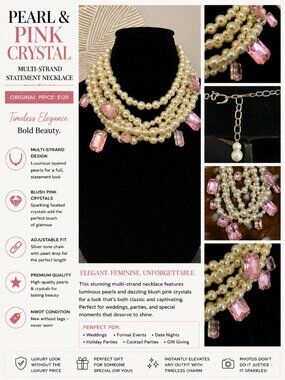 NWOT Pearl Multi-Strand Statement Necklace with Blush Pink Crystal Charms Weddin